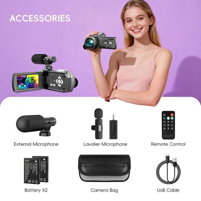 Alt view image 7 of 7 - 4K Video Camera Camcorder Mini Mic 48MP 60FPS UHD Vlogging Cameras for YouTube 18X Digital Zoom 3.0''IPS Screen Camera with 32GB Card, Wireless Lavalier Microphone, Remote, 2 Batteries