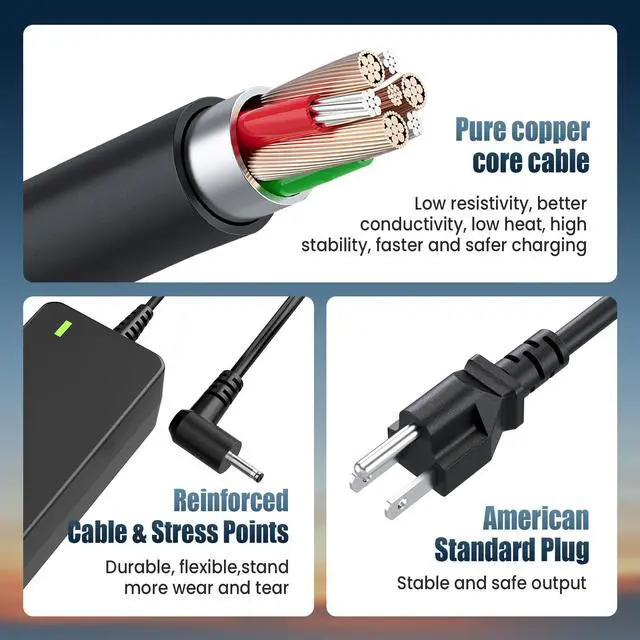 Alt view image 3 of 7 - 40W Ac Adapter Laptop Charger Compatible with Samsung 11.6" Chromebook 2 3 303c 500c 503c Xe500c12, 503c Xe503c12, Xe503c32, Xe500c13 Xe303c12, XE303C12-A01 AA-PA3N40W Power Supply Cord Plug