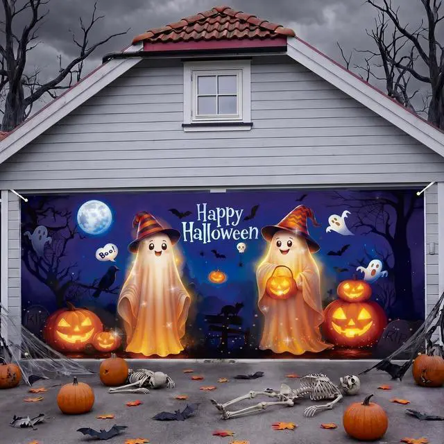 Main image of 7 x 16 ft Halloween Garage Door Cover Decorations Large Halloween Garage Door Banner Backdrop Holiday Wall Background for Outdoor Photography Party(Cute Ghost)