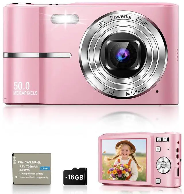 Main image of Pink Digital Camera, 50MP FHD 1080P Portable Point and Shoot Camera, Small Digital Camera with 16X Digital Zoom, Anti-Shake Vlogging Device for Daily Life, Travel, Kids, and Beginners