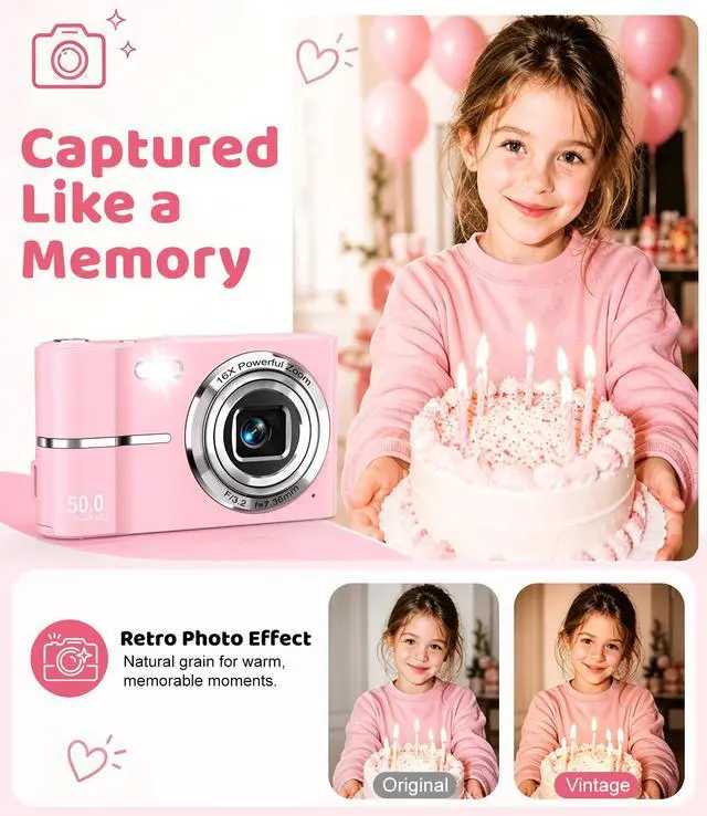 Alt view image 2 of 7 - Pink Digital Camera, 50MP FHD 1080P Portable Point and Shoot Camera, Small Digital Camera with 16X Digital Zoom, Anti-Shake Vlogging Device for Daily Life, Travel, Kids, and Beginners