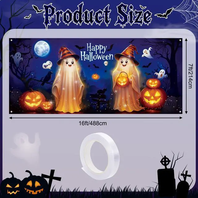 Alt view image 2 of 7 - 7 x 16 ft Halloween Garage Door Cover Decorations Large Halloween Garage Door Banner Backdrop Holiday Wall Background for Outdoor Photography Party(Cute Ghost)