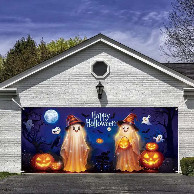 Alt view image 4 of 7 - 7 x 16 ft Halloween Garage Door Cover Decorations Large Halloween Garage Door Banner Backdrop Holiday Wall Background for Outdoor Photography Party(Cute Ghost)