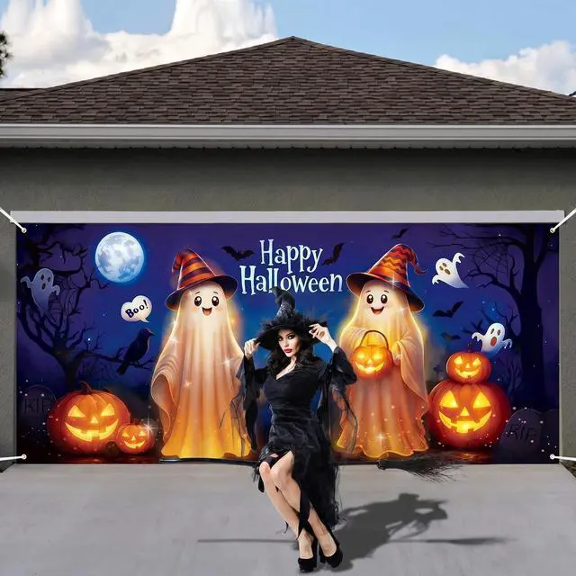 Alt view image 5 of 7 - 7 x 16 ft Halloween Garage Door Cover Decorations Large Halloween Garage Door Banner Backdrop Holiday Wall Background for Outdoor Photography Party(Cute Ghost)