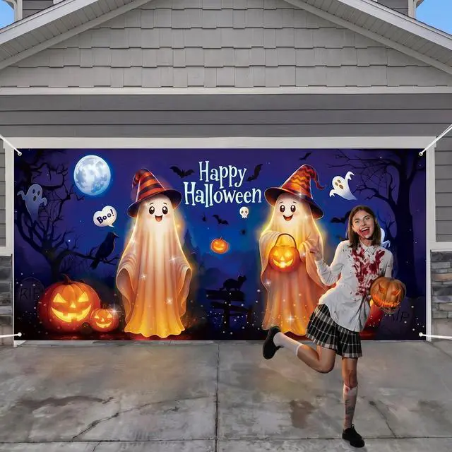 Alt view image 6 of 7 - 7 x 16 ft Halloween Garage Door Cover Decorations Large Halloween Garage Door Banner Backdrop Holiday Wall Background for Outdoor Photography Party(Cute Ghost)