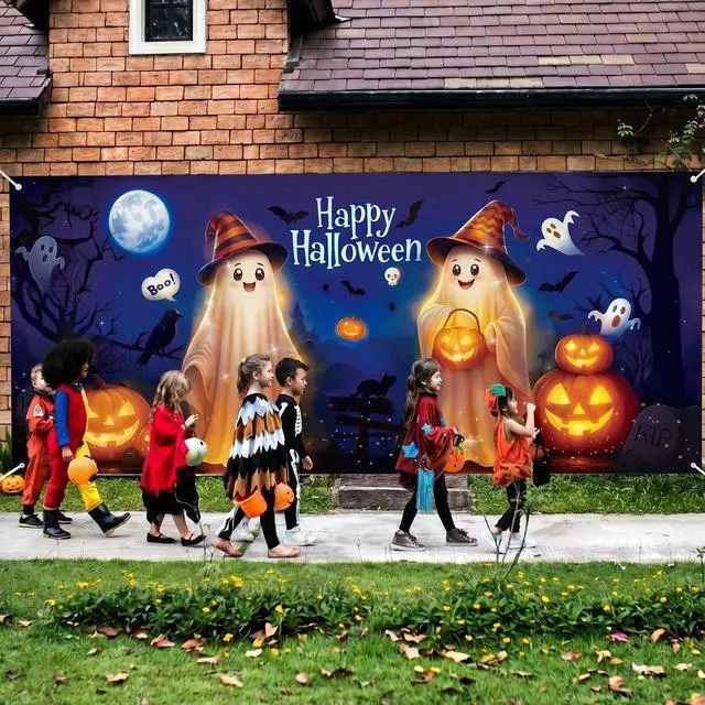 Alt view image 7 of 7 - 7 x 16 ft Halloween Garage Door Cover Decorations Large Halloween Garage Door Banner Backdrop Holiday Wall Background for Outdoor Photography Party(Cute Ghost)