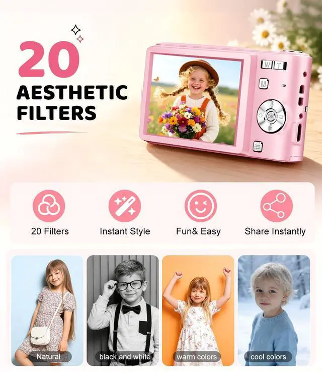 Alt view image 4 of 7 - Pink Digital Camera, 50MP FHD 1080P Portable Point and Shoot Camera, Small Digital Camera with 16X Digital Zoom, Anti-Shake Vlogging Device for Daily Life, Travel, Kids, and Beginners