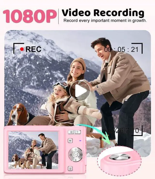 Alt view image 5 of 7 - Pink Digital Camera, 50MP FHD 1080P Portable Point and Shoot Camera, Small Digital Camera with 16X Digital Zoom, Anti-Shake Vlogging Device for Daily Life, Travel, Kids, and Beginners