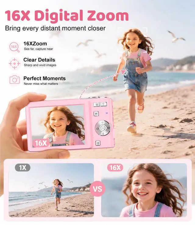 Alt view image 6 of 7 - Pink Digital Camera, 50MP FHD 1080P Portable Point and Shoot Camera, Small Digital Camera with 16X Digital Zoom, Anti-Shake Vlogging Device for Daily Life, Travel, Kids, and Beginners