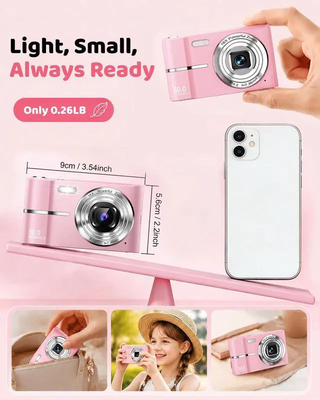 Alt view image 7 of 7 - Pink Digital Camera, 50MP FHD 1080P Portable Point and Shoot Camera, Small Digital Camera with 16X Digital Zoom, Anti-Shake Vlogging Device for Daily Life, Travel, Kids, and Beginners