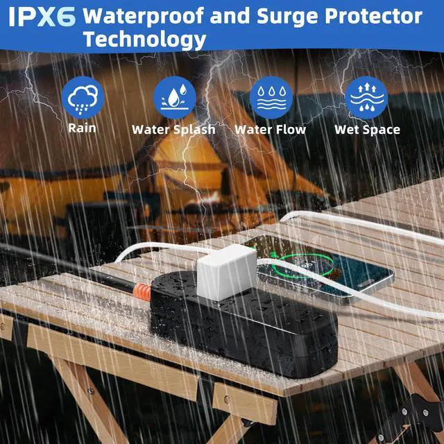 Alt view image 2 of 7 - Outdoor Power Strip Weatherproof, 10FT Outdoor Extension Cord, IPX6 Waterproof Surge Protector with 3 Wide Outlets, Shockproof Overload Protection for Camping, Garden, Industrial, Home Power Strip