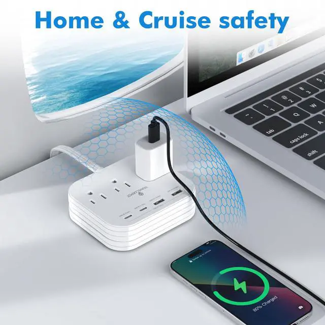Alt view image 6 of 7 - Cruise Essentials Flat Plug Power Strip, Durable 5 ft Extension Cord w/ 3 Outlets Extender & Built-In Type C Cable, 2 USB & 2 USB-C Ports, No Surge Protector for Cruise Travel, Dorm, Home