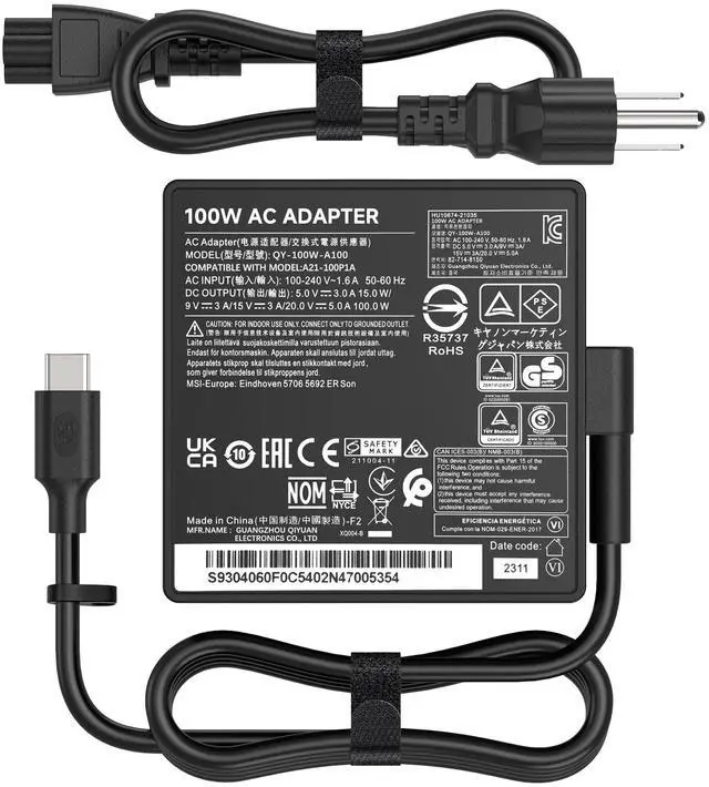 Main image of 100W USB-C Laptop Charger Compatible with MSI Prestige 13 14 15 16, Summit E13 E14 E15 E16 Flip Evo, 20V 5A Type-C AC Adapter Compatible with MSI MS-16S8, P/N A21-100P1A A100AP05P Power Cord
