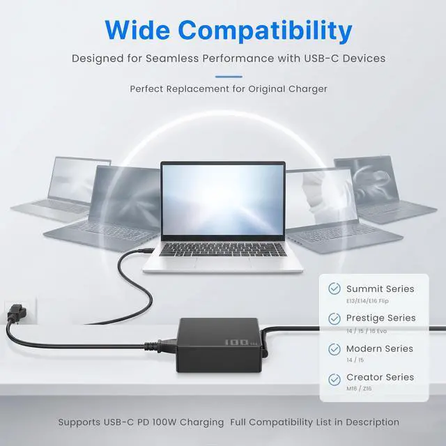 Alt view image 5 of 7 - 100W USB-C Laptop Charger Compatible with MSI Prestige 13 14 15 16, Summit E13 E14 E15 E16 Flip Evo, 20V 5A Type-C AC Adapter Compatible with MSI MS-16S8, P/N A21-100P1A A100AP05P Power Cord