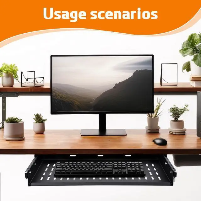 Alt view image 4 of 7 - Sliding Under Desk Laptop Mount Shelf with Air Vents 16.3" W x 12" D Metal Under Desk Slide Out Tray Laptop Storage Tray for Home Office Standing Desks Workstations Cabinet Gaming
