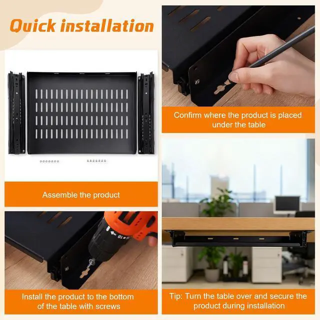Alt view image 6 of 7 - Sliding Under Desk Laptop Mount Shelf with Air Vents 16.3" W x 12" D Metal Under Desk Slide Out Tray Laptop Storage Tray for Home Office Standing Desks Workstations Cabinet Gaming