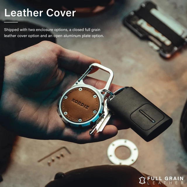 Alt view image 5 of 7 - Airtag Holder Carabiner - Airtag keychain Case with Aluminum Frame and Full Grain Leather Cover for Apple Airtags - Protective Cover Accessories (Silver)