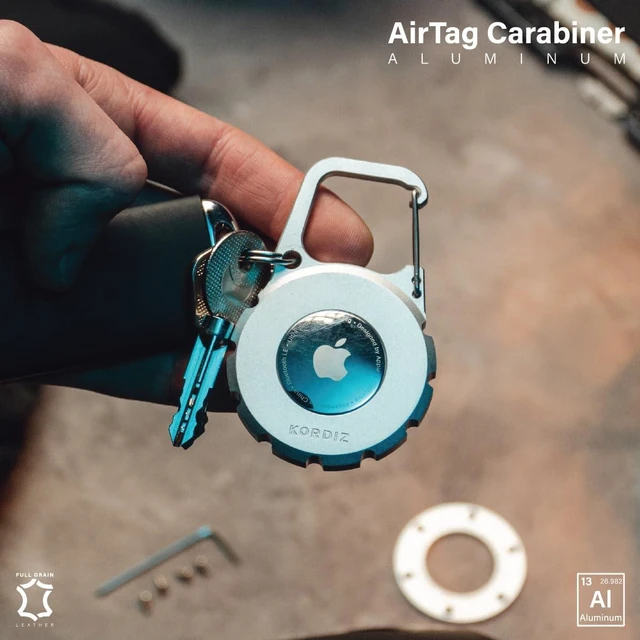 Alt view image 3 of 7 - Airtag Holder Carabiner - Airtag keychain Case with Aluminum Frame and Full Grain Leather Cover for Apple Airtags - Protective Cover Accessories (Silver)