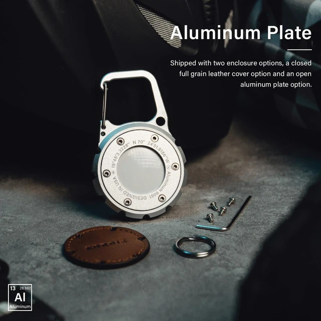 Alt view image 6 of 7 - Airtag Holder Carabiner - Airtag keychain Case with Aluminum Frame and Full Grain Leather Cover for Apple Airtags - Protective Cover Accessories (Silver)