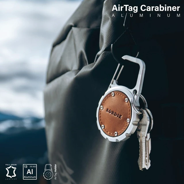 Alt view image 2 of 7 - Airtag Holder Carabiner - Airtag keychain Case with Aluminum Frame and Full Grain Leather Cover for Apple Airtags - Protective Cover Accessories (Silver)