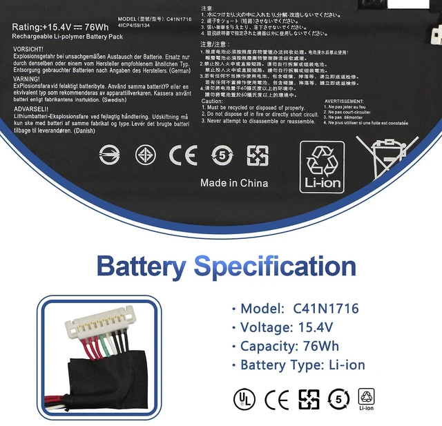 Alt view image 2 of 7 - C41N1716 Laptop Battery Replacement for ASUS ROG Strix GL703GS GL703GM Scar for ROG Strix S7BS S7BS8750 GL703GM-NS73 GL703GM-DS74 GL703GS-DS74 0B200-02770000 4ICP4/59/134 15.4V 76Wh