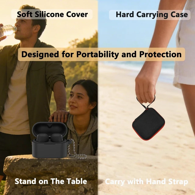 Alt view image 3 of 7 - Hard Carrying Case and Silicone Cover Case for Sony WF-1000XM6 Earbuds Protective Cases for WF-1000XM6 Earbuds Accessories, Shockproof Cover with Ball Ring and Metal Carabiner (Black Case)
