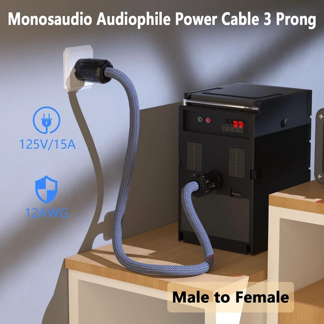 Alt view image 2 of 7 - 12AWG HiFi Audio AC Power Cable with 3-Prong Rhodium Plated Plugs(1.5M) Audiophile Power Cord 125V 15A High Quality Braided Sleeves Power Line with Power Filter/Turntable, Amplifier/CD Player/DAC