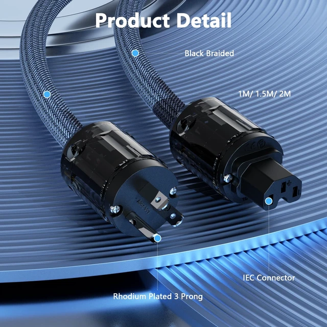 Alt view image 5 of 7 - 12AWG HiFi Audio AC Power Cable with 3-Prong Rhodium Plated Plugs(1.5M) Audiophile Power Cord 125V 15A High Quality Braided Sleeves Power Line with Power Filter/Turntable, Amplifier/CD Player/DAC