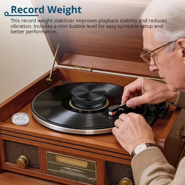 Alt view image 2 of 6 - Vinyl Record Weight Stabilizer 311g for Turntables with Bubble Level 25mm low profile fits most dust covers.7.5mm spindle hole,felt base and bubble level help stabilize slightly warped records