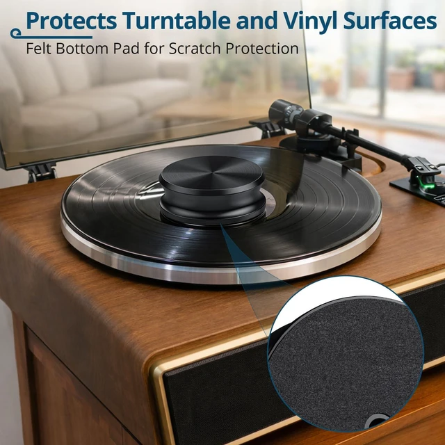Alt view image 3 of 6 - Vinyl Record Weight Stabilizer 311g for Turntables with Bubble Level 25mm low profile fits most dust covers.7.5mm spindle hole,felt base and bubble level help stabilize slightly warped records