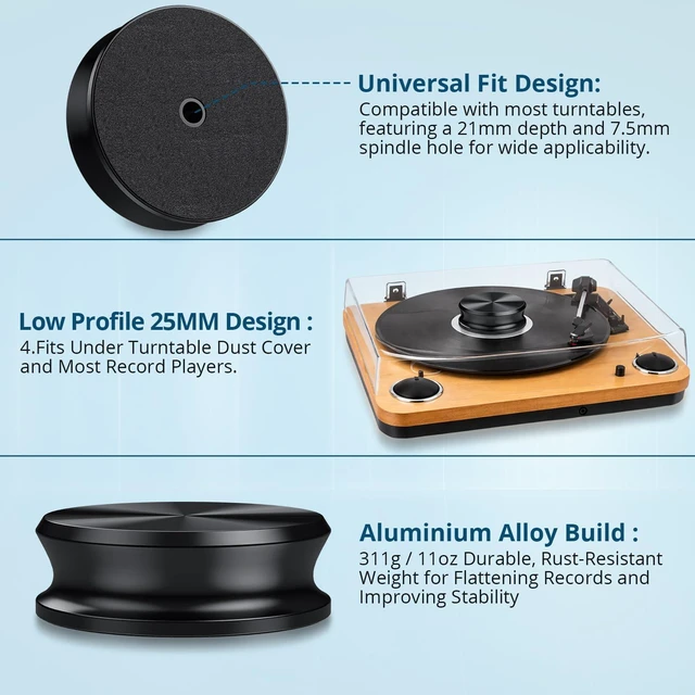 Alt view image 4 of 6 - Vinyl Record Weight Stabilizer 311g for Turntables with Bubble Level 25mm low profile fits most dust covers.7.5mm spindle hole,felt base and bubble level help stabilize slightly warped records