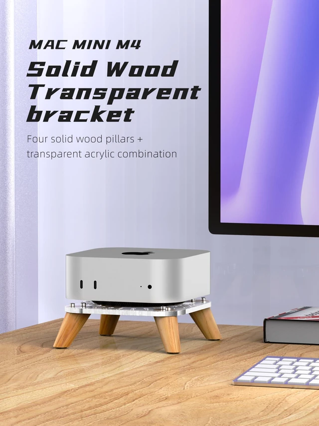 Alt view image 2 of 7 - Wooden transparent Mac Mini M4/M4Pro Stand Bases, macmini 2024 Computer host Vertical Dock Holder, Storage Racks Ventilation holes on the bottom for better heat dissipation-AJM4-4