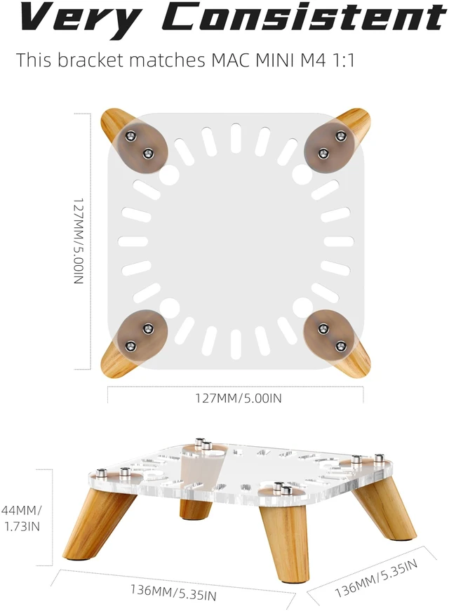 Alt view image 7 of 7 - Wooden transparent Mac Mini M4/M4Pro Stand Bases, macmini 2024 Computer host Vertical Dock Holder, Storage Racks Ventilation holes on the bottom for better heat dissipation-AJM4-4