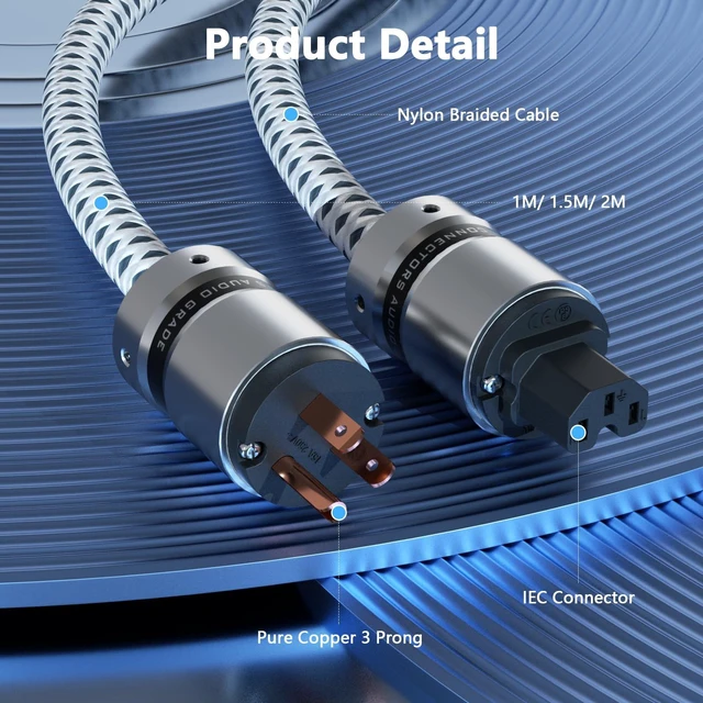 Alt view image 5 of 7 - 12AWG Audiophile HiFi Power Cord Pure Copper Plug IEC320 C13 Connector(1M) Audio Power Cord Hi End Braided Sleeve For Audio Equipment Amp/Amplifier