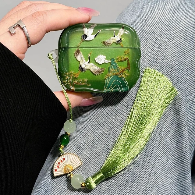 Alt view image 7 of 7 - for AirPods 4 Case, Green Crane For Women Girls, Cute Cultural Lucky Elegant Crane, Tassels Charm, TPU Protective Cover, Compatible for AirPods 4th Gen