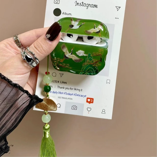 Alt view image 4 of 7 - for AirPods 4 Case, Green Crane For Women Girls, Cute Cultural Lucky Elegant Crane, Tassels Charm, TPU Protective Cover, Compatible for AirPods 4th Gen