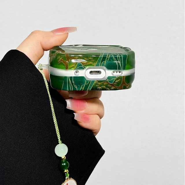 Alt view image 6 of 7 - for AirPods 4 Case, Green Crane For Women Girls, Cute Cultural Lucky Elegant Crane, Tassels Charm, TPU Protective Cover, Compatible for AirPods 4th Gen