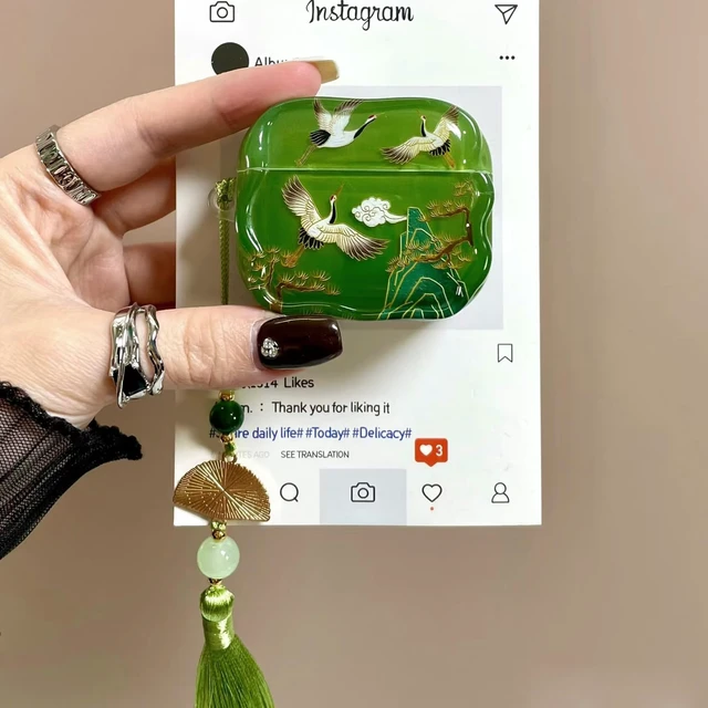 Alt view image 3 of 7 - for AirPods 4 Case, Green Crane For Women Girls, Cute Cultural Lucky Elegant Crane, Tassels Charm, TPU Protective Cover, Compatible for AirPods 4th Gen