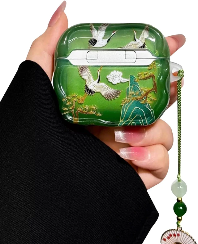 Main image of for AirPods 4 Case, Green Crane For Women Girls, Cute Cultural Lucky Elegant Crane, Tassels Charm, TPU Protective Cover, Compatible for AirPods 4th Gen