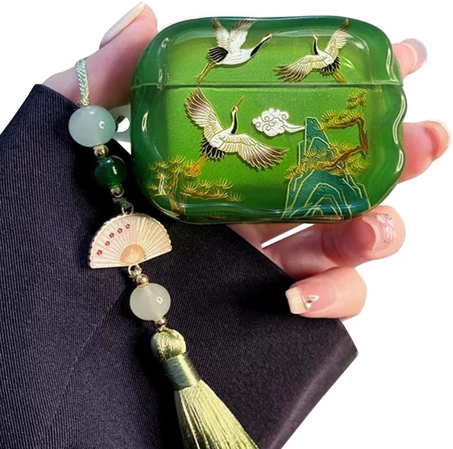 Main image of for AirPod Pro 3 Case 2025 for Women Girls Cute Cultural Lucky Elegant Crane with Tassels Charm Soft TPU Protective Cover Compatible for AirPods Pro 3rd Generation (Green Crane)