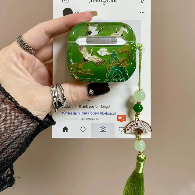 Alt view image 5 of 7 - for AirPods 4 Case, Green Crane For Women Girls, Cute Cultural Lucky Elegant Crane, Tassels Charm, TPU Protective Cover, Compatible for AirPods 4th Gen