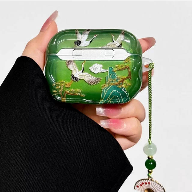 Alt view image 4 of 7 - for AirPod Pro 3 Case 2025 for Women Girls Cute Cultural Lucky Elegant Crane with Tassels Charm Soft TPU Protective Cover Compatible for AirPods Pro 3rd Generation (Green Crane)
