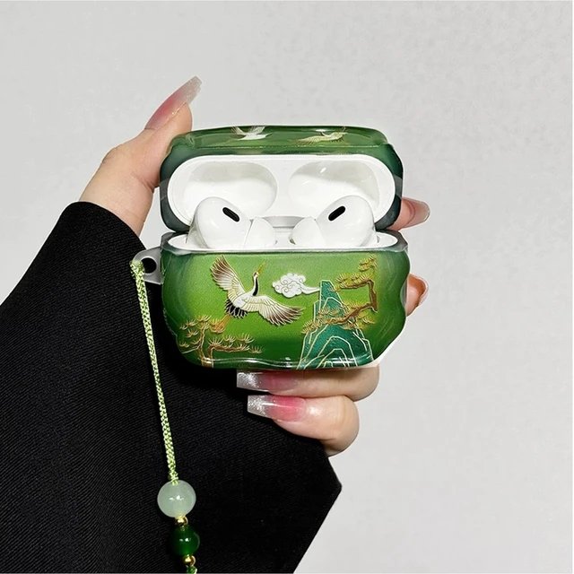 Alt view image 5 of 7 - for AirPod Pro 3 Case 2025 for Women Girls Cute Cultural Lucky Elegant Crane with Tassels Charm Soft TPU Protective Cover Compatible for AirPods Pro 3rd Generation (Green Crane)