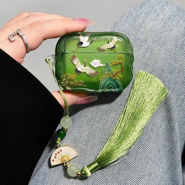 Alt view image 3 of 7 - for AirPod Pro 3 Case 2025 for Women Girls Cute Cultural Lucky Elegant Crane with Tassels Charm Soft TPU Protective Cover Compatible for AirPods Pro 3rd Generation (Green Crane)