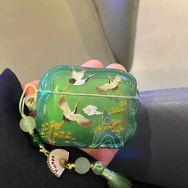 Alt view image 7 of 7 - for AirPod Pro 3 Case 2025 for Women Girls Cute Cultural Lucky Elegant Crane with Tassels Charm Soft TPU Protective Cover Compatible for AirPods Pro 3rd Generation (Green Crane)