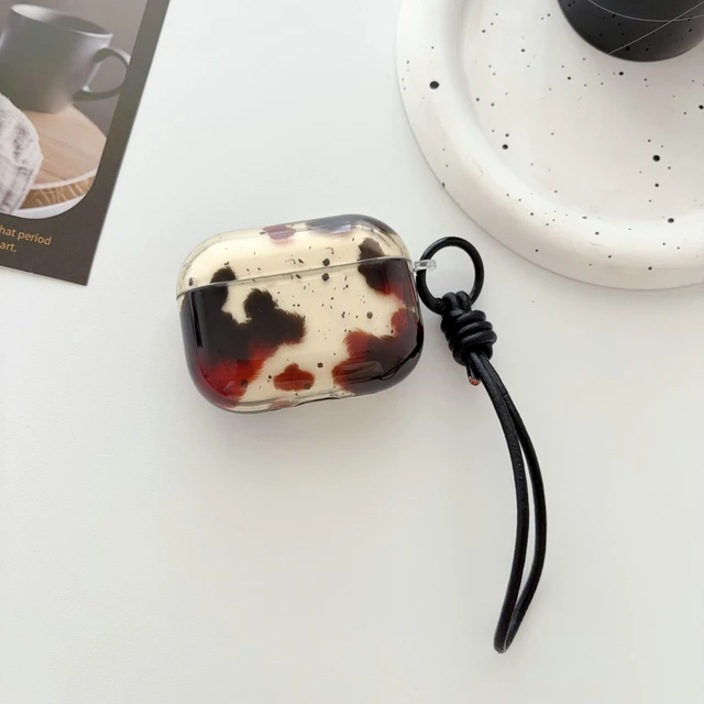 Alt view image 4 of 7 - Feather Print Case for AirPods Pro 3,Clear Brown Tortoise with Leather Wrist Lanyard Protective Cover for AirPod Pro 3