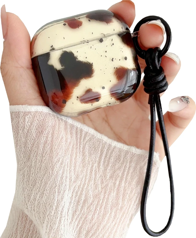 Main image of Feather Print Case for AirPods 4,Clear Brown Tortoise with Leather Wrist Lanyard Protective Cover for AirPod 4