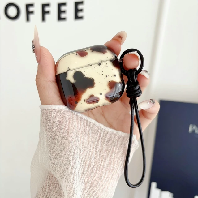 Alt view image 3 of 7 - Feather Print Case for AirPods 4,Clear Brown Tortoise with Leather Wrist Lanyard Protective Cover for AirPod 4