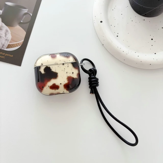 Alt view image 4 of 7 - Feather Print Case for AirPods 4,Clear Brown Tortoise with Leather Wrist Lanyard Protective Cover for AirPod 4