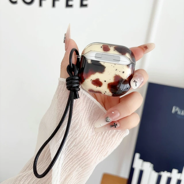 Alt view image 5 of 7 - Feather Print Case for AirPods 4,Clear Brown Tortoise with Leather Wrist Lanyard Protective Cover for AirPod 4